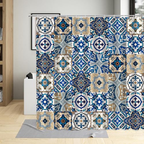 Indischer Bohemian-Duschvorhang, marokkanische Ziegelstruktur, Vintage-Stil, ethnisches geometrisches Muster, Badezimmervorhänge, Badewannen-Dekoration von IAS Shop