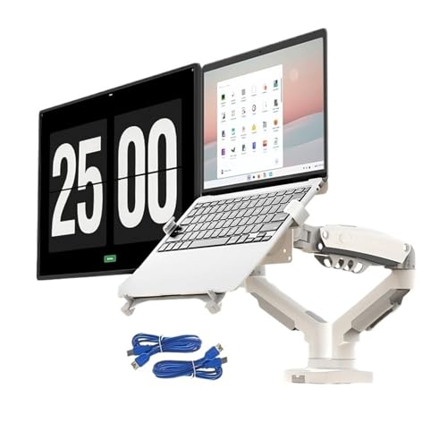 IBADFPLG Dual-Monitor-Laptopständer mit USB3.0-Kabel F160-FP Gasfederarm, geeignet for 17-27-Zoll-Monitore + 10-17-Zoll-Laptopständer(White with 2xUSB3.0) von IBADFPLG