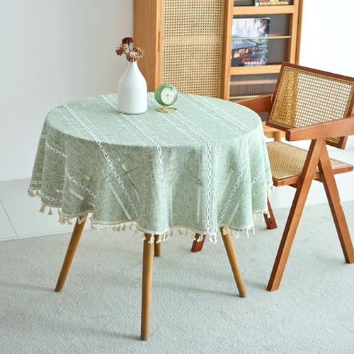 Baumwolle Leinen Tischdecke, Rechteckig Nähen Quaste Tischdecke, Falten frei waschbar Bauernhaus rustikalen weichen Stoff Tischdecke, Tischdecken für Küche Essen Buffet Dekoration (Grüner, Runde-140) Baumwolle Leinen Tischdecke, Rechteckig Nähen Quaste Tischdecke, Falten frei waschbar Bauernhaus rustikalen weichen Stoff Tischdecke, Tischdecken für Küche Essen Buffet Dekoration (Grüner, Runde-140) von IBEQUEM