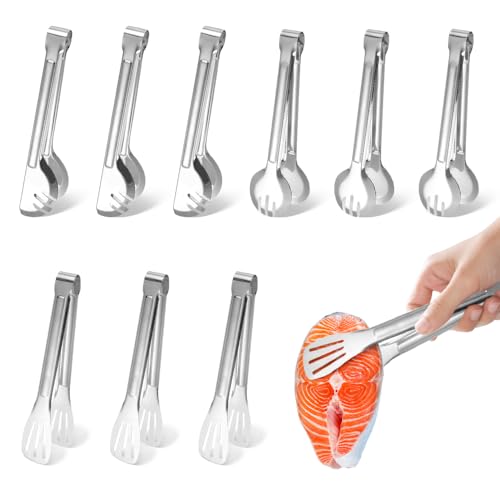 IBEQUEM 9 Stück Stainless Steel Kitchen Tongs 9inch Food Serving Tongs Cooking Tongs Appetizer Buffet Tongs Frying Tongs for Pasta Salad Bread BBQ Home Party von IBEQUEM