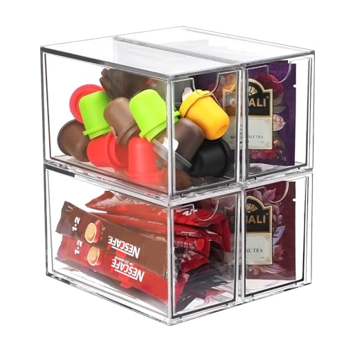 IBEQUEM Teebeutel Schublade Veranstalter, Kunststoff stapelbar Teebeutelhalter, tragbare klar Tee bin für Arbeitsplatten, Schubladen, Küchen, Vorratskammern und Schränke (3 x 6,5 x 3,9 Zoll) (4pcs) von IBEQUEM