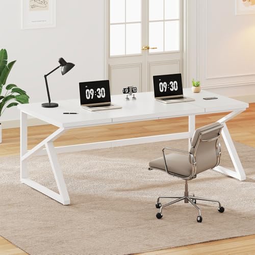 IBF Weiß Lange Schreibtische für Heimbüro, großer Metall-Holz-Computertisch für 2 Monitore, 178 cm 2-Personen-Schreibtisch für Chefarbeit, Schreiben, Studium, Gaming, industrieller Moderner Großer von IBF