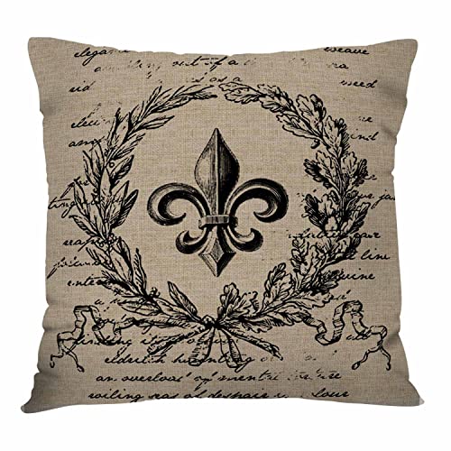 IBILIU Fleur de Lis Überwurf-Kissenbezüge, 45,7 x 45,7 cm, Blumenkranz, Vintage, Retro, Schwarz, Leinen, Jute, dekorative Kissenbezüge für Couch, Sofa, Schlafzimmer von IBILIU