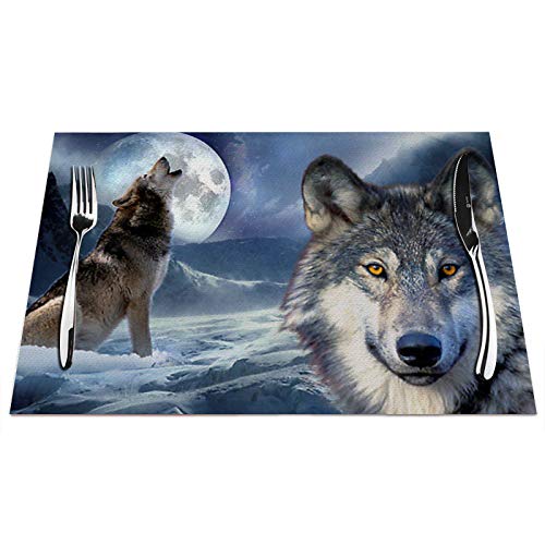 Wolf Platzsets Set von 4, Wilder Wolf im Winterwald mit Vollmond Platzsets Hitzebeständig für Esstisch rutschfest 45,7 x 30,5 cm von IBILIU