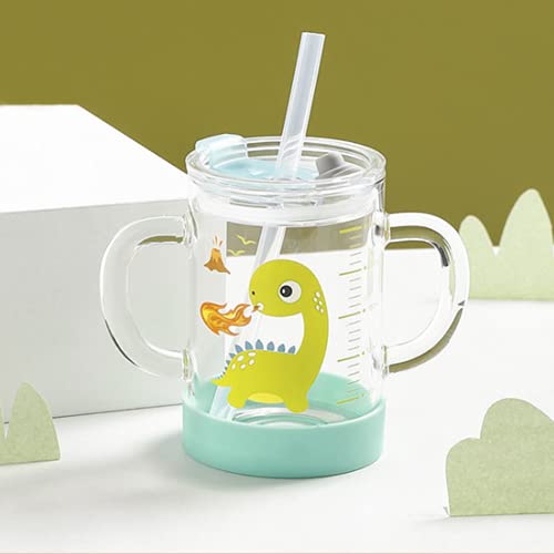 Kinder Glas Milchbecher Messbecher mit Silikonstroh Zwei Griffe Becher Versiegeltes Auslaufsicher Glasbecher Cartoon Baby Große Kapazität Trinkglas Hitzebeständig Kinderbecher Kreative Strohbecher von IBLUELOVER