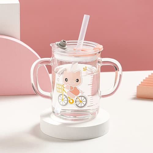 Kinder Glas Milchbecher Messbecher mit Silikonstroh Zwei Griffe Becher Versiegeltes Auslaufsicher Glasbecher Cartoon Baby Große Kapazität Trinkglas Hitzebeständig Kinderbecher Kreative Strohbecher von IBLUELOVER