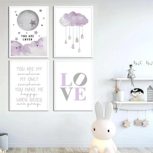 Kinderzimmer Kunst Nordic Poster und Druck Leinwand Malerei Lavendel Lila Wolke Stern Grau Mond Baby Kinderzimmer Dekoration Wandbild Ungerahmt-30x40cmx4 von IBUKHSDGYIFH