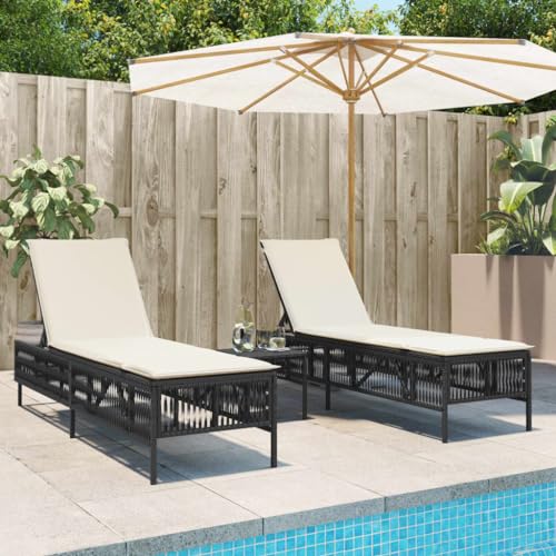 IBUQDDV Campingliege Stuhl Outdoor Terassenmöbel Strandliege Sonnenliegen 2 STK. mit Tisch Schwarz Poly Rattan für Patio Strand Terrasse Pool von IBUQDDV