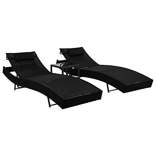 IBUQDDV Campingliege Terassenmöbel Stuhl Outdoor Strandliege Sonnenliegen 2 STK. mit Tisch Poly Rattan und Textilene Schwarz für Patio Strand Terrasse Pool von IBUQDDV