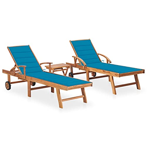 IBUQDDV Strandliege Campingliege Terassenmöbel Stuhl Outdoor Sonnenliegen 2 STK. mit Tisch und Auflagen Massivholz Teak für Patio Strand Terrasse Pool von IBUQDDV