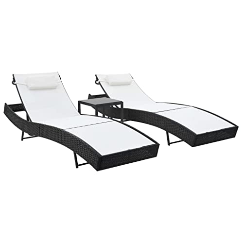 IBUQDDV Stuhl Outdoor Terassenmöbel Campingliege Strandliege Sonnenliegen 2 STK. mit Tisch Poly Rattan und Textilene Schwarz für Patio Strand Terrasse Pool von IBUQDDV