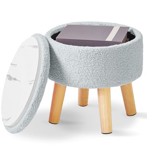 IBUYKE 13” Kleiner Fußhocker Ottomane mit Stauraum, Runde Pouffe Fußablage Hocker mit Gepolstertem Sitz und Deckel, Teddy Samt Mini Ottomane Fußstütze für Wohnzimmer Couch Eingang, Grau-Blau WBD006H von IBUYKE
