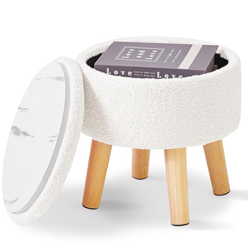 IBUYKE 13” Kleiner Fußhocker Ottomane mit Stauraum, Runde Pouffe Fußablage Hocker mit Gepolstertem Sitz und Deckel, Teddy Samt Mini Ottomane Fußstütze für Wohnzimmer Couch Eingang, Cremeweiß WBD006W von IBUYKE