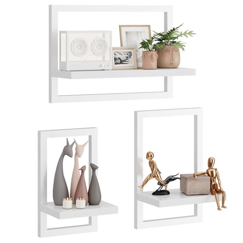 IBUYKE schwimmende Regalwand, Satz von 3-Wandregalen, hängende Regale für Wandlagerung, Ausstellungsregale, quadratisches Bücherregal für Büro, Schlafzimmer, Badezimmer, Küche,White TFS001W von IBUYKE