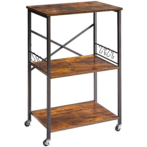 IBUYKE Küchenregalwagen, 3-Tier Mikrowellenherd Stand, Bäcker Rack mit Metallrahmen und 8-Haken, Industriedrucker Stand, Utility Standing Storage Regal für Coffee Bar, Einfache Montage, TMJ023H von IBUYKE