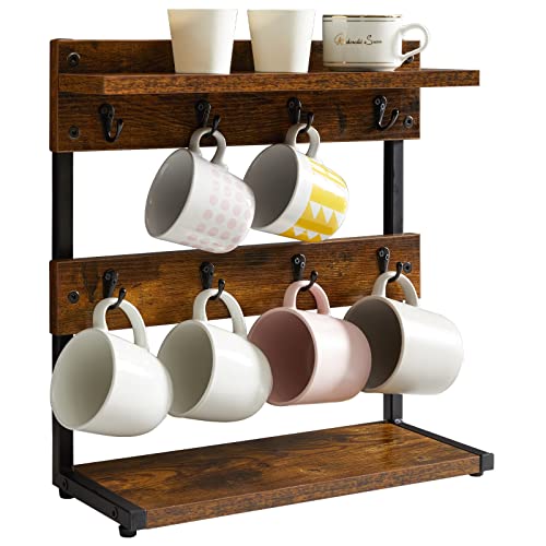 IBUYKE Vintage Tassenhalter mit 8 Haken, Kaffeetasse Halter für Küchentheke, Bechergestell mit Aufbewahrungsboden, für Küche Esszimmer Café 40 x 15 x 40 cm, Vintage-Braun TBJ002H von IBUYKE