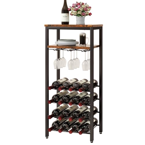 IBUYKE Weinregal für 16 Flaschen,Freistehendes Weinregal Metall mit Glashalter,Weinschrank Display,Mini Weinbar Tisch für Wohnzimmer,Küche Speisekammer,Esszimmer,Braun TMJ907H von IBUYKE