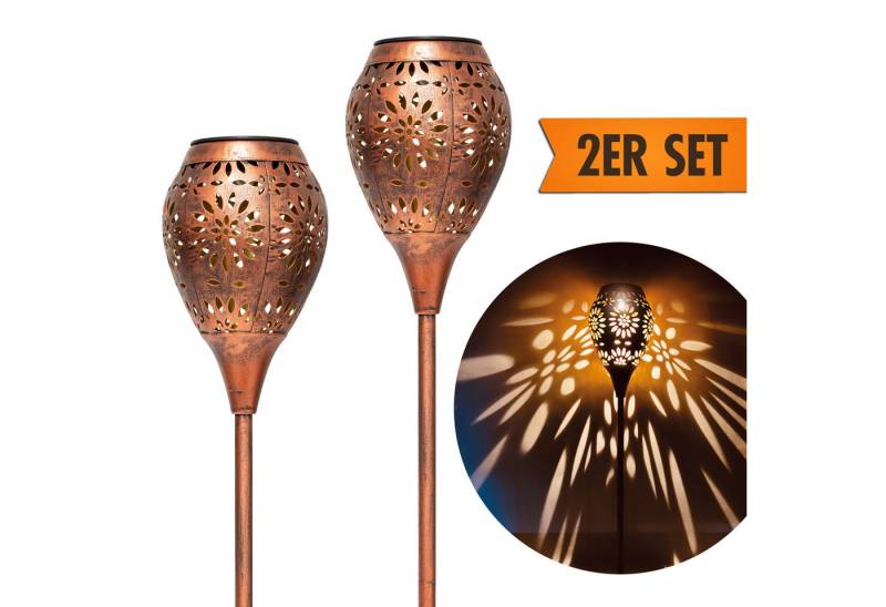 IC Gardenworld LED Solarleuchte 2 Stück LED Solarleuchten für außen aus Metall in Kupfer-Vintage Optik, LED fest integriert, ca. 75 cm hoch, Gartenfackel mit warm-weißer Beleuchtung von IC Gardenworld