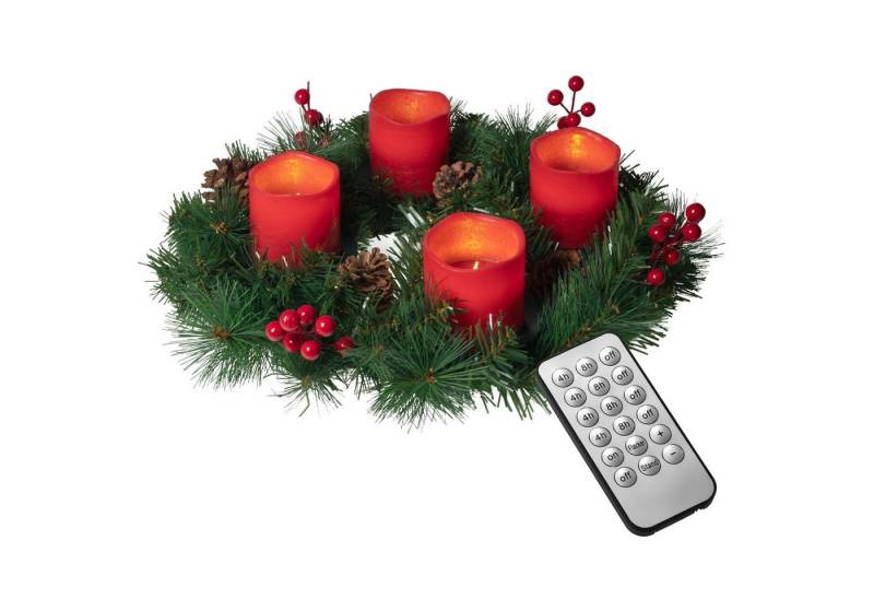 IC Winterworld Adventskranz Künstlicher Adventskranz Ø 45 cm mit 4 LED Kerzen aus Echtwachs, praktische Fernbedienung mit Timer und Lichtfunktionen, nadelfrei von IC Winterworld