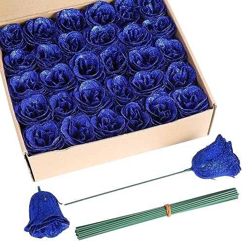 ICBOX Künstliche Rosen, 30 Stück, königsblaue Rosen, Seidenrosen, künstliche Rosen mit Stielen zum Basteln, Hochzeitsstrauß, Party, Heimdekoration (Königsblau) von ICBOX