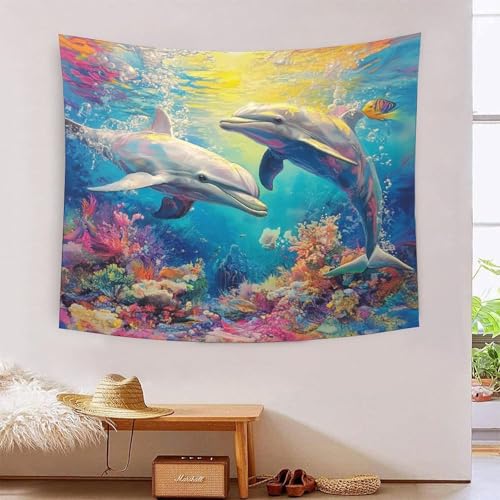 Dolphin 3D-Druck Wandteppich Poster Ornament Wandkunst Tapestry Stoff Wand hängende Dekoration verwendet in Schlafzimmer, Wohnzimmer, Tagesdecke, Wanddekoration 150 x 200 cm von ICFGHJQRS