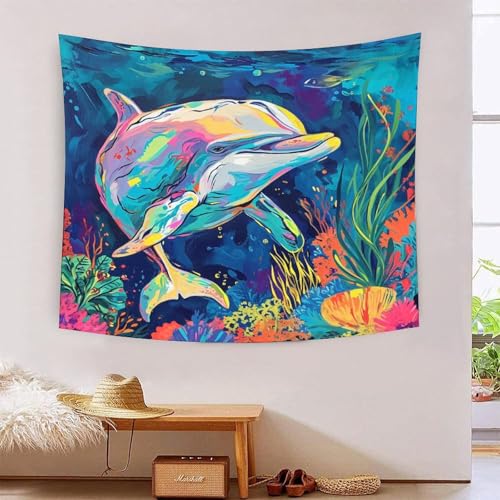 ICFGHJQRS 3D-Delfin-Druck, Wanddecke, Heimdekoration, Bettwäsche, Poster, Wandkunst, Wandteppich, weiches Polyester, für Kinder, Jungen, Mädchen, Schlafzimmer, Wohnzimmer, 100 x 150 cm von ICFGHJQRS