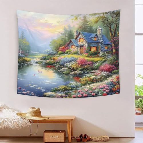 ICFGHJQRS Mountain Cottage 3D-Druck Wandteppich Poster Ornament Wandkunst Tapestry Zubehör Raumteiler Wandteppich Für Wohnzimmer Schlafzimmer 100cmx150cm von ICFGHJQRS