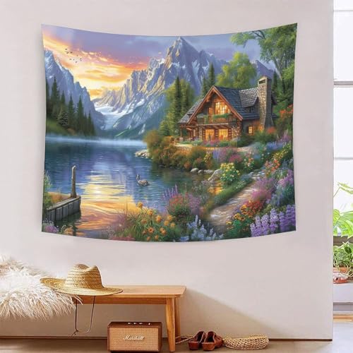 ICFGHJQRS Mountain Cottage 3D-Druck Wandteppich Poster Wanddekoration Tapestry Zubehör Raumteiler Wandteppich Verwendet im Schlafzimmer, Wohnzimmer, Tagesdecke, Wanddekoration 180 cm x 230 cm von ICFGHJQRS