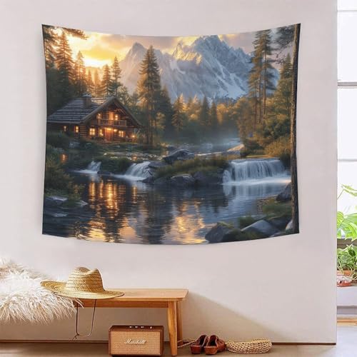 Mountain Cottage 3D-Druck Wandteppich Poster Ornament Wandkunst Tapestry Stoff Wand hängende Dekoration verwendet im Schlafzimmer, Wohnzimmer, Tagesdecke, Wanddekoration 130 cm x 150 cm von ICFGHJQRS