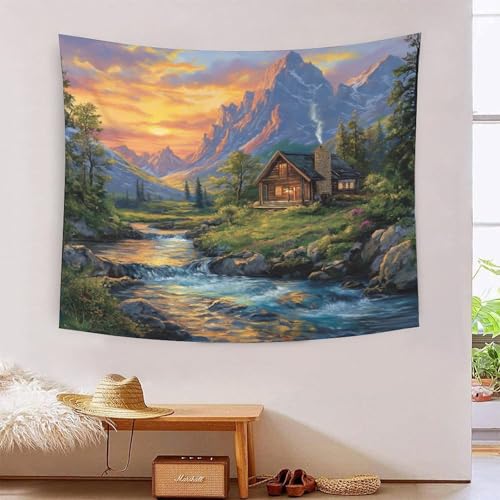 Mountain Cottage 3D-Druck Wandteppich Poster Ornament Wandkunst Tapestry Zubehör Raumteiler Wandteppich Verwendet im Schlafzimmer, Wohnzimmer, Tagesdecke, Wanddekoration 130 cm x 150 cm von ICFGHJQRS