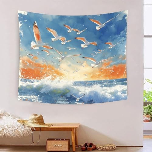 Seagull Waves 3D-Druck Wandteppich Poster Ornament Wandkunst Tapestry Zubehör Raumteiler Wandbehang Verwendet in Schlafzimmer, Wohnzimmer, Tagesdecke, Wanddekoration 100cmx150cm von ICFGHJQRS