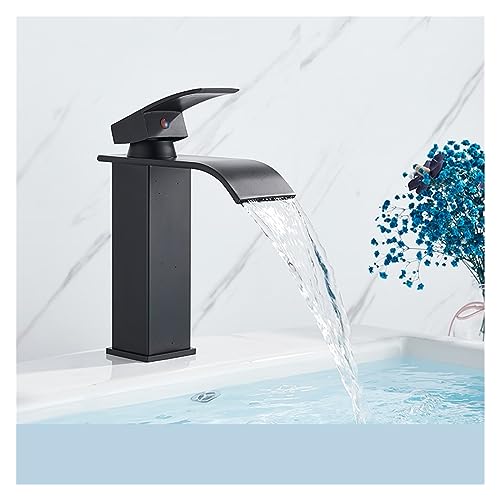 Mattschwarzer Wasserfall-Waschtischarmatur Einhebelmischer Heiß-Kaltwasser-Beckenkranhahn for Badezimmerwaschbecken-Mischbatterie (Color : Short-Matte Black) von ICKUMDQUU