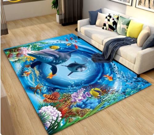 ICOBES Meeresboden Unterwasserwelt Delphin Hai Bereich Teppich, Teppich Teppich Für Wohnzimmer Schlafzimmer Sofa Fußmatte, rutschfeste Bodenmatte 140X200Cm von ICOBES