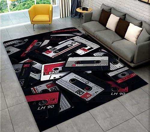 ICOBES Retro-Musikkassette Kassette Muster Bereich Teppich, Teppich Teppich Für Wohnzimmer Schlafzimmer Sofa Fußmatte Dekoration, rutschfeste Bodenmatte 140X200Cm von ICOBES