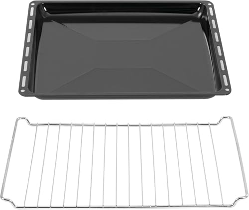 ICQN 445 x 375 x 35 mm Gitter Backblech Set | Passend für Whirlpool Ignis Bauknecht | Emailliert | Fettpfanne | Verchromt Backofenrost und Emaille Backblech für Backofen von ICQN