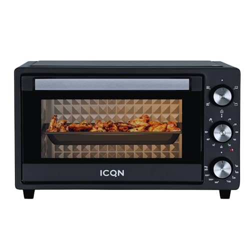 ICQN Minibackofen 20L, Pizza-Backofen, Ober-/Unterhitze mit Umluft-Funktion, 5 Grill-Funktion, 90 Min. Timer, 1500 W, Mini Oven, 80°-240°C, Backblech/Grill/Krümelblech und Blechhalter, Schwarz von ICQN