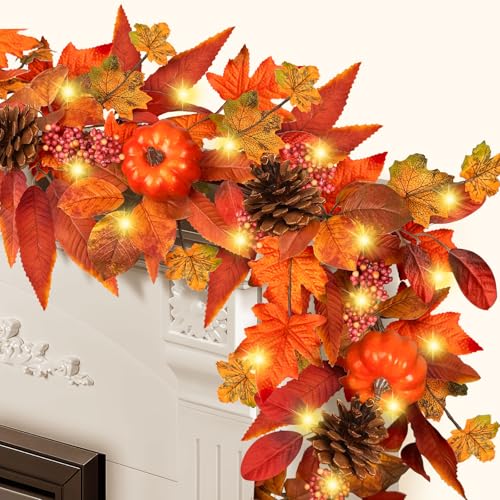 Herbstgirlande mit Lichtern, Herbst-Kürbis-Girlanden mit Beeren-Kieferblättern, Floraleaf-Girlande für Kaminsims, Erntedankfest, Innen- und Außenbereich, Herbstdekoration, 1,8 m Herbstgirlande mit Lichtern, Herbst-Kürbis-Girlanden mit Beeren-Kieferblättern, Floraleaf-Girlande für Kaminsims, Erntedankfest, Innen- und Außenbereich, Herbstdekoration, 1,8 m von ICX