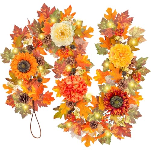 Herbstgirlande mit Lichtern, Herbstgirlanden zur Dekoration mit Sonnenblumen-Hortensienblättern, Herbstblatt-Girlande für Kaminsims, Erntedankfest, Innen- und Außenbereich, Herbstdekoration, 1,8 m Herbstgirlande mit Lichtern, Herbstgirlanden zur Dekoration mit Sonnenblumen-Hortensienblättern, Herbstblatt-Girlande für Kaminsims, Erntedankfest, Innen- und Außenbereich, Herbstdekoration, 1,8 m von ICX