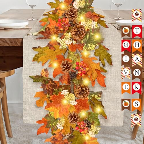 Herbstgirlande mit Lichtern und Herbstbanner, Herbstgirlanden zur Dekoration mit Beerenblättern, Blattgirlande für Kaminsims, Erntedankfest, Innen- und Außenbereich, 1,8 m Herbstgirlande mit Lichtern und Herbstbanner, Herbstgirlanden zur Dekoration mit Beerenblättern, Blattgirlande für Kaminsims, Erntedankfest, Innen- und Außenbereich, 1,8 m von ICX