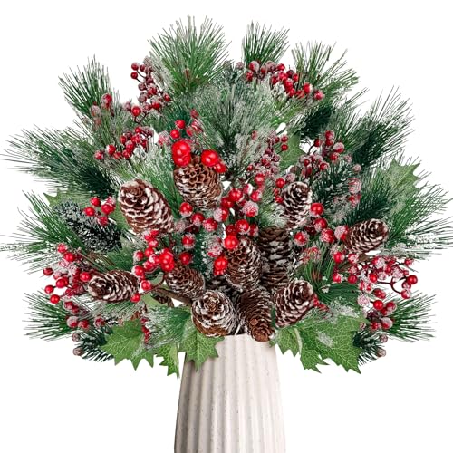 Künstliche schneebedeckte Tannenzweige, künstliche grüne Weihnachtsspieße und Sprays, künstliche rote Beerenstiele für Weihnachten und Heimdekoration, Tischdekoration, 10 Stück Künstliche schneebedeckte Tannenzweige, künstliche grüne Weihnachtsspieße und Sprays, künstliche rote Beerenstiele für Weihnachten und Heimdekoration, Tischdekoration, 10 Stück von ICX