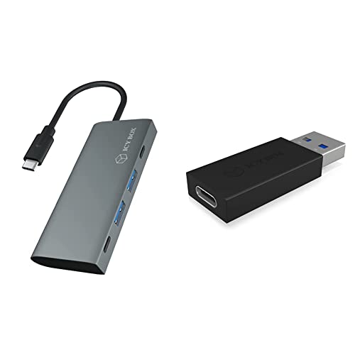 ICY BOX 60709 USB Hub 3.1 Gen 2 mit 4 USB Ports, USB 3.1 Gen2 10 Gbit/s, USB-C Verbindung, Anthrazit & IB-CB015 USB-Adapter Type-C (Buchse) zu Type-A (Stecker), USB 3.1 (Gen 2, 10 Gbit/s), schwarz von ICY BOX