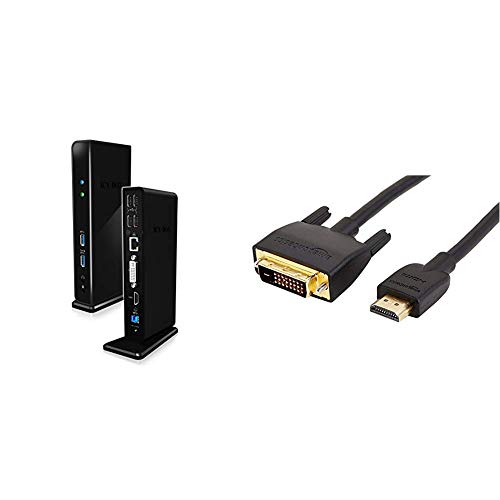 ICY BOX Notebook DockingStation mit USB 3.0 für 2 Monitore, HDMI, DVI, USB Hub, LAN, Schwarz & Amazon Basics HDMI-zu-DVI-Adapterkabel, (neuester Standard)-1,83 meter von ICY BOX