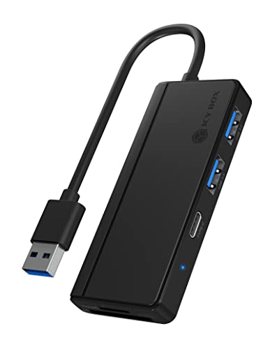 ICY BOX USB 3.0 Hub mit Kartenleser (SD, microSD) und 3 USB 3.0 Ports (1 USB-C, 2 USB-A), integriertes Kabel, Schwarz von ICY BOX