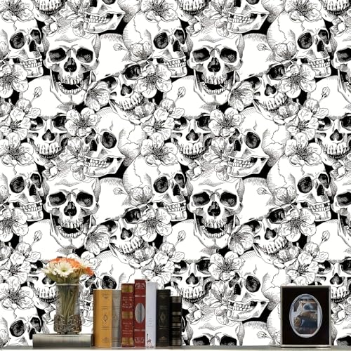 Selbstklebende Tapete Schwarz Weiß,44.5 x 500cm Tapete Selbstklebend Totenkopf Gothic Tapete Blumen Totenköpfen Abstrakt Klebefolie Möbelfolie Selbstklebend für Badezimmer Wohnzimmer Schlafzimmer von ICYEHAO