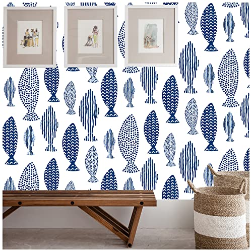 Tapete Blau Weiß,44.5 x 500cm Tapete Selbstklebend Geometrisch Blau Tapete Fische Tapete Streifen Tapete Maritim Klebefolie Tapete Möbelfolie Selbstklebend für Badezimmer Wohnzimmer Schlafzimmer Küche von ICYEHAO