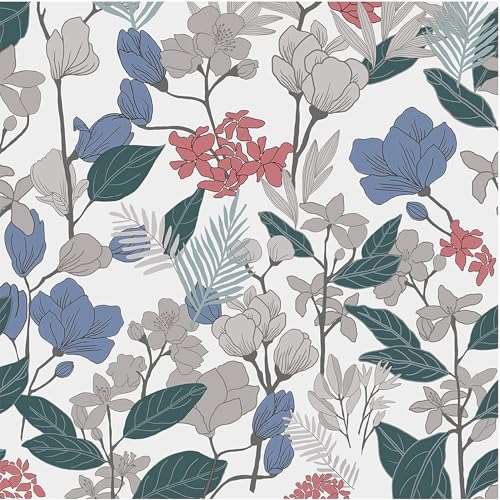 Selbstklebende Tapete Blau Grau Blumen,44 x 1000cm Tapete Grün Blätter Klebefolie Rot Blumen Tapete Hell Blumen Boho Tapete Pflanzen Tapete Möbelfolie Selbstklebend für Wohnzimmer Schlafzimmer Küche von ICYEHAO