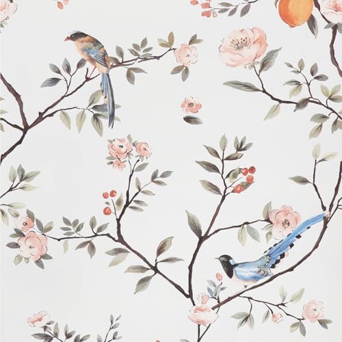 Tapete Blumen und Vögel,44 x 1000cm Selbstklebende Tapete Rosa Blumen Klebetapete Blau Vogel Tapete Baum Pflanzen Tapete Selbstklebend Möbelfolie Selbstklebend für Wohnzimmer Schlafzimmer Küche von ICYEHAO
