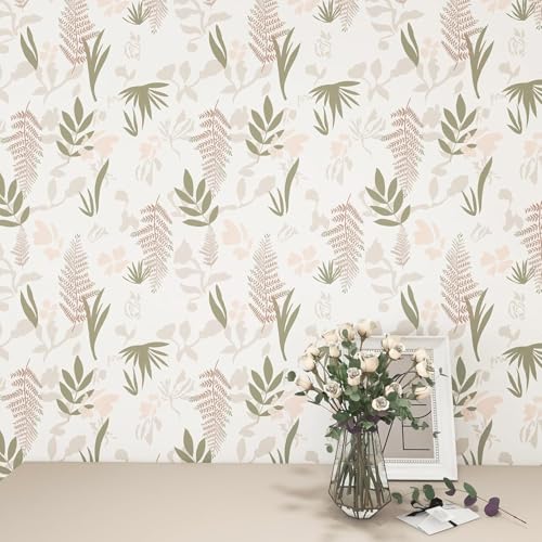 Selbstklebende Tapete Grün Blätter,44 x 500cm Braun Pflanzen Tapete Selbstklebende Tapete Rosa Blumen Boho Tapete Hell Blumen Möbelfolie Selbstklebend für Badezimmer Wohnzimmer Schlafzimmer Küche von ICYEHAO