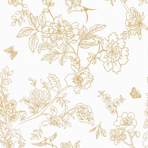 ICYEHAO Selbstklebende Tapete Blumen Weiß Gold,44 x 500cm Weiss Gold Blumen und Vögel Tapete Schmetterlinge Blätter Wald Pflanzen Möbelfolie Selbstklebend für Badezimmer Wohnzimmer Schlafzimmer Küche von ICYEHAO