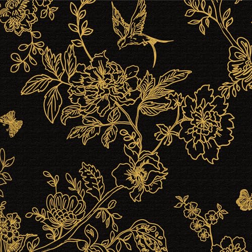 Selbstklebende Tapete Blumen Schwarz,44 x 500cm Schwarz Gold Dschungel Blumen und Vögel Tapete Schmetterlinge Blätter Wald Pflanzen Möbelfolie Selbstklebend für Badezimmer Wohnzimmer Schlafzimmer von ICYEHAO